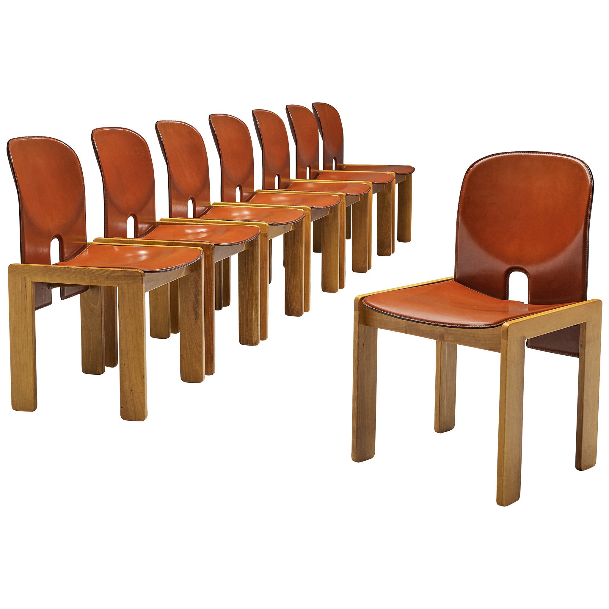 Afra & Tobia Scarpa Set of Eight '121' Dining Chairs in Red Leather