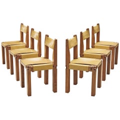Pierre Chapo Set of Six Dining Chairs 'S11' in Solid Elm and Yellow Leather