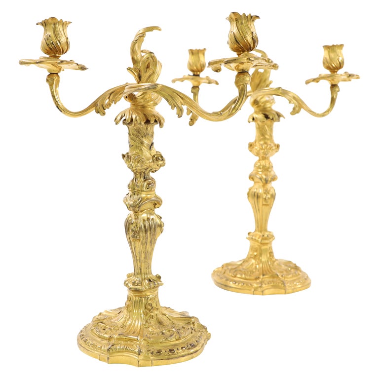 Pair of fire-gilt Louis XV candelabras, mid-18th century