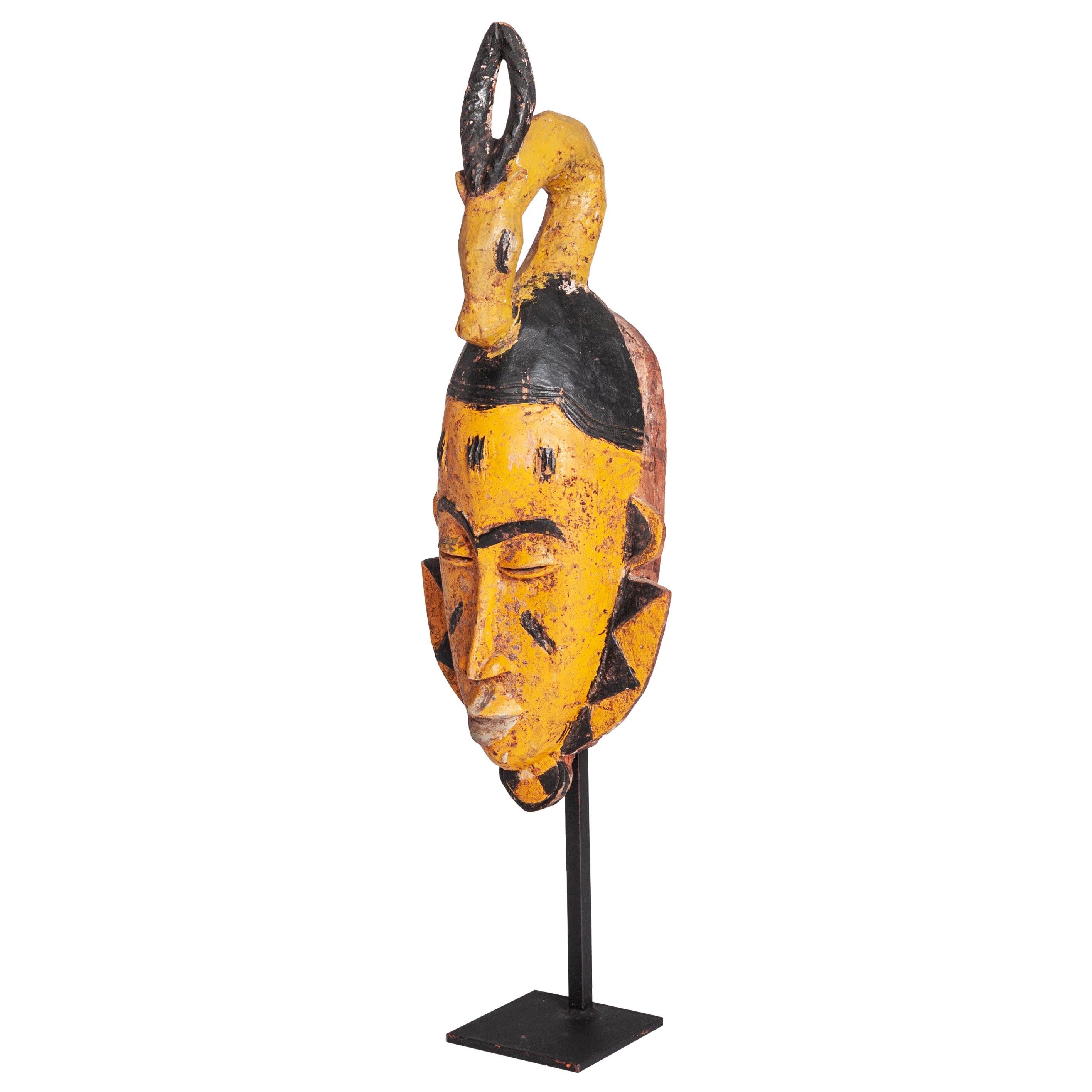 Mid-Century Baoule Tribal Mask in Yellow-Black with Antelope Head Decoration For Sale