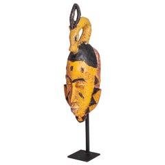 Mid-Century African Tribal Mask in Yellow-Black with Antelope Head Decoration