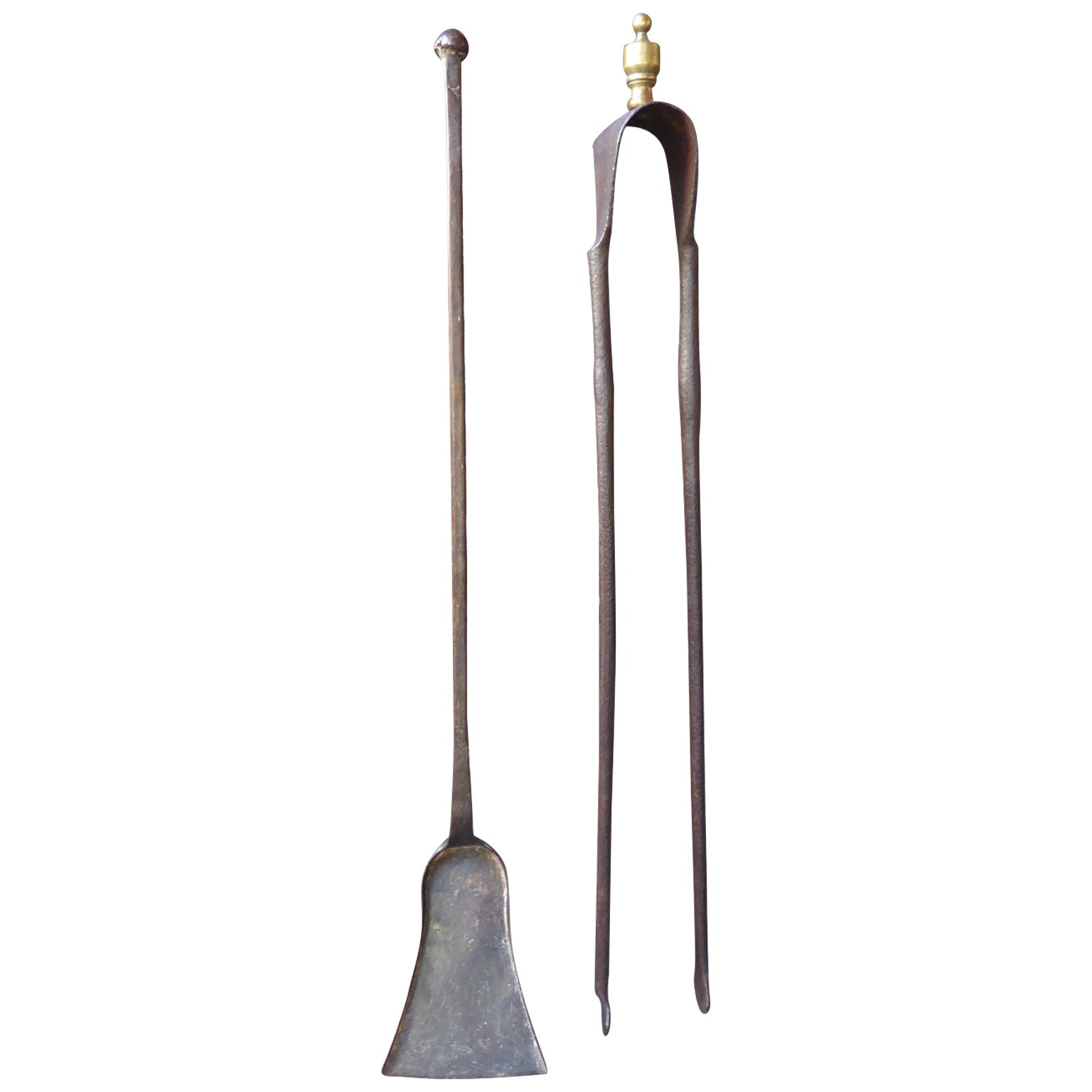 Large French Wrought Iron Fireplace Tools or Fire Tools, 18th Century