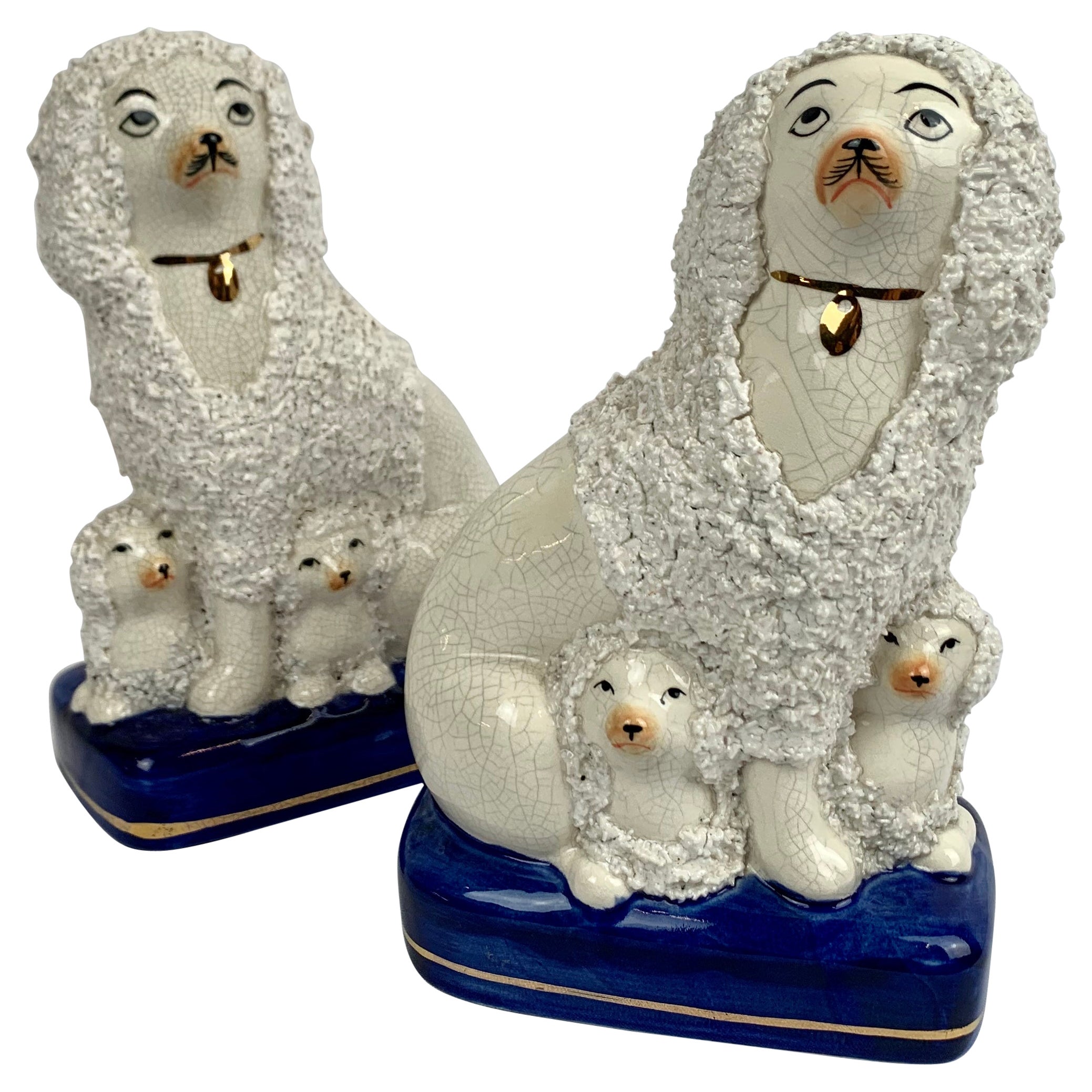 Pair of Staffordshire White Poodles on Cobalt Blue Bases