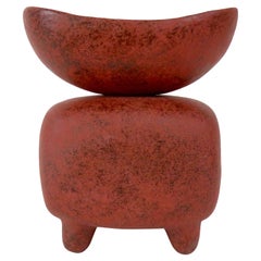 Mottled Red Ceramic Sculpture, Wide Oval Cup on Rounded Cube, Hand Built 