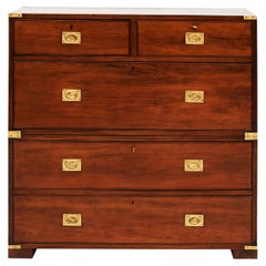 English Late 19th Century Teak Wood Campaign Military Chest of Drawers