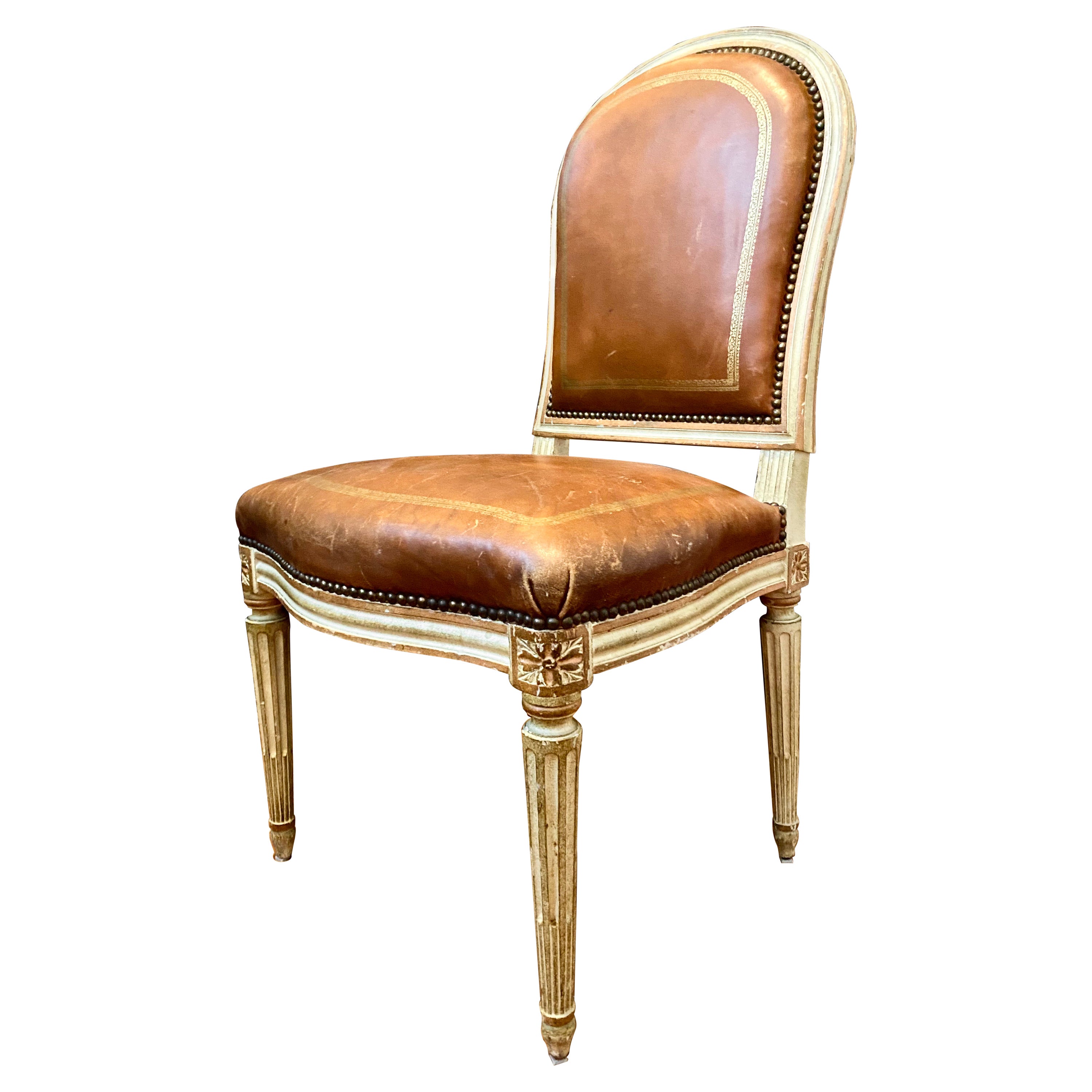 French Louis XVI Style Chair, Tooled and Gilt Leather