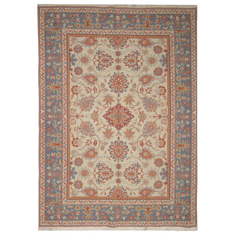 Handwoven Kilim Rugs Soumak Area Rug Cream Carpet Wool Rug For Sale at