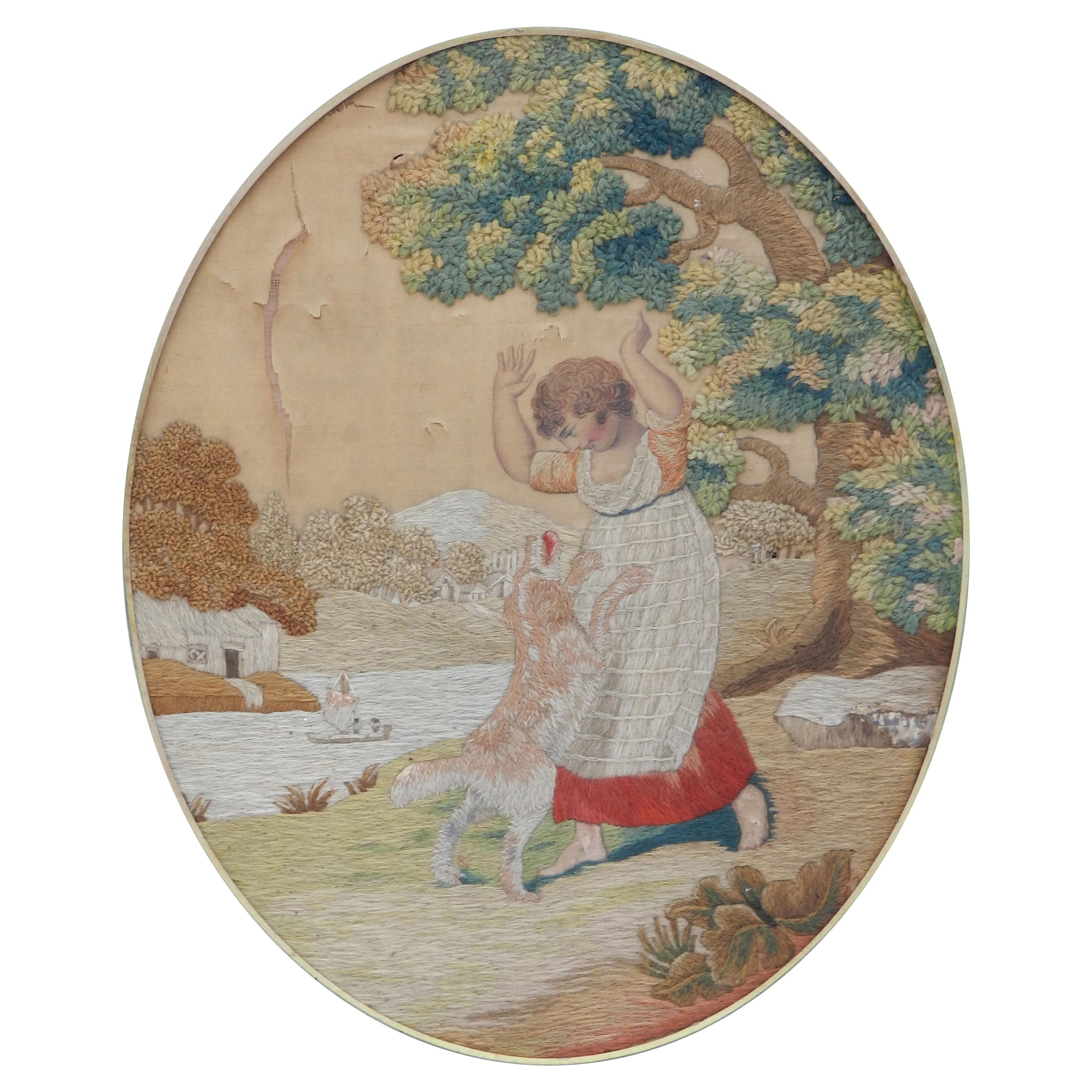 19. Jahrhundert Wandteppich Kind mit Hund Petit Point Wanddekor, kostenloser Versand