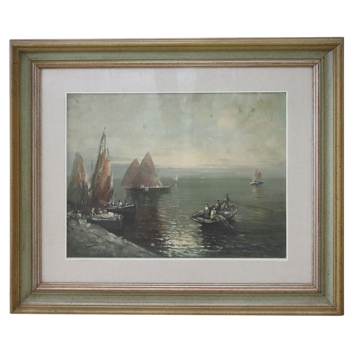 Pittura a olio su tela Marina con pescatori firmata