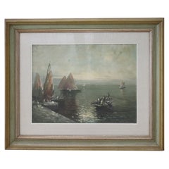 Retro 20th Century Oil on Canvas Italian Painting Marina with Fishermen Signed, 1950s