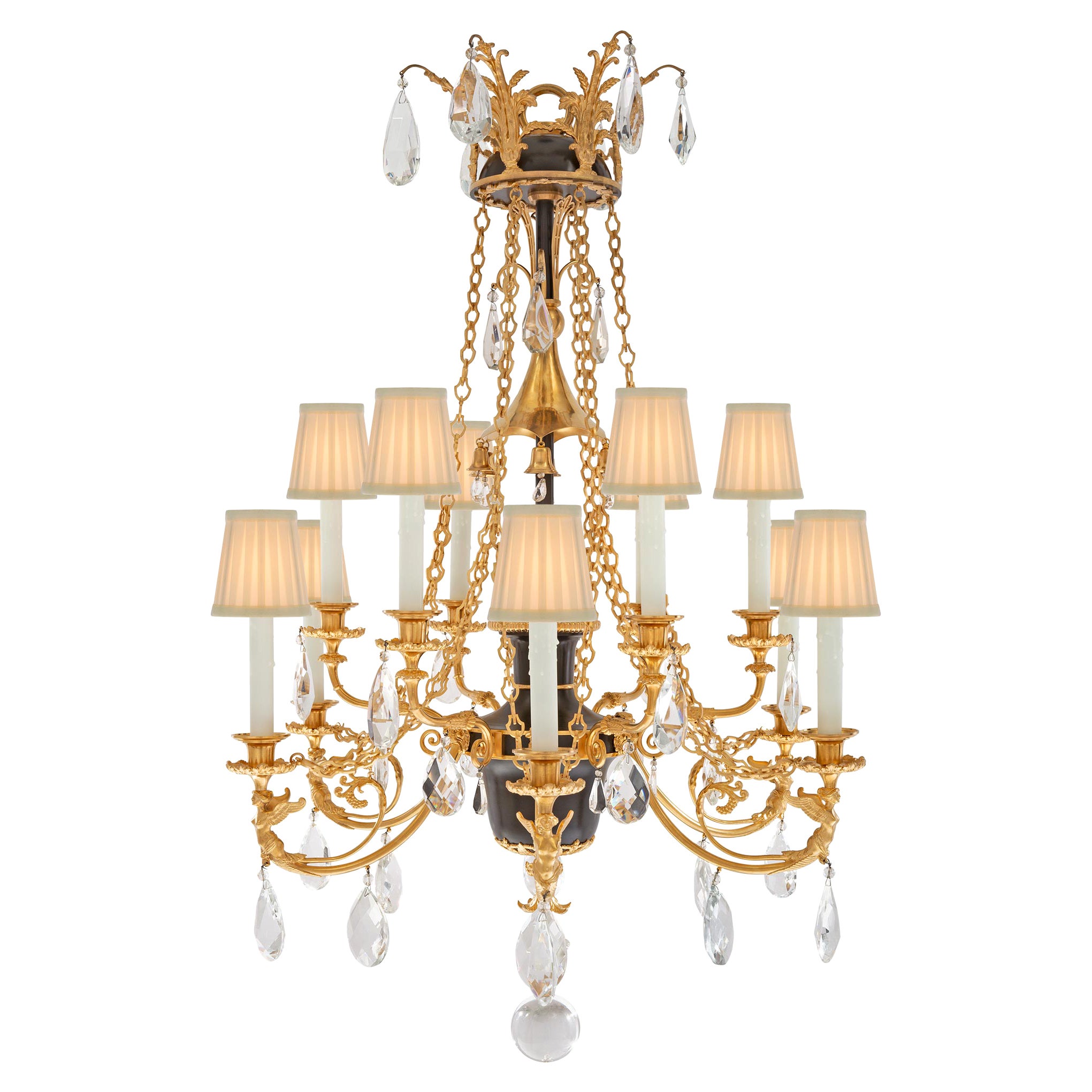 Russian 19th Century Empire St. Patinated Bronze, Crystal, and Ormolu Chandelier