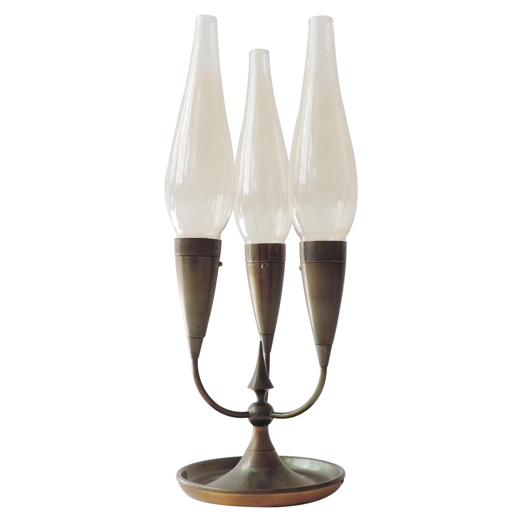 Italian Three Lights Table Lamp in Brass and Glass, Italy, 1940s For Sale