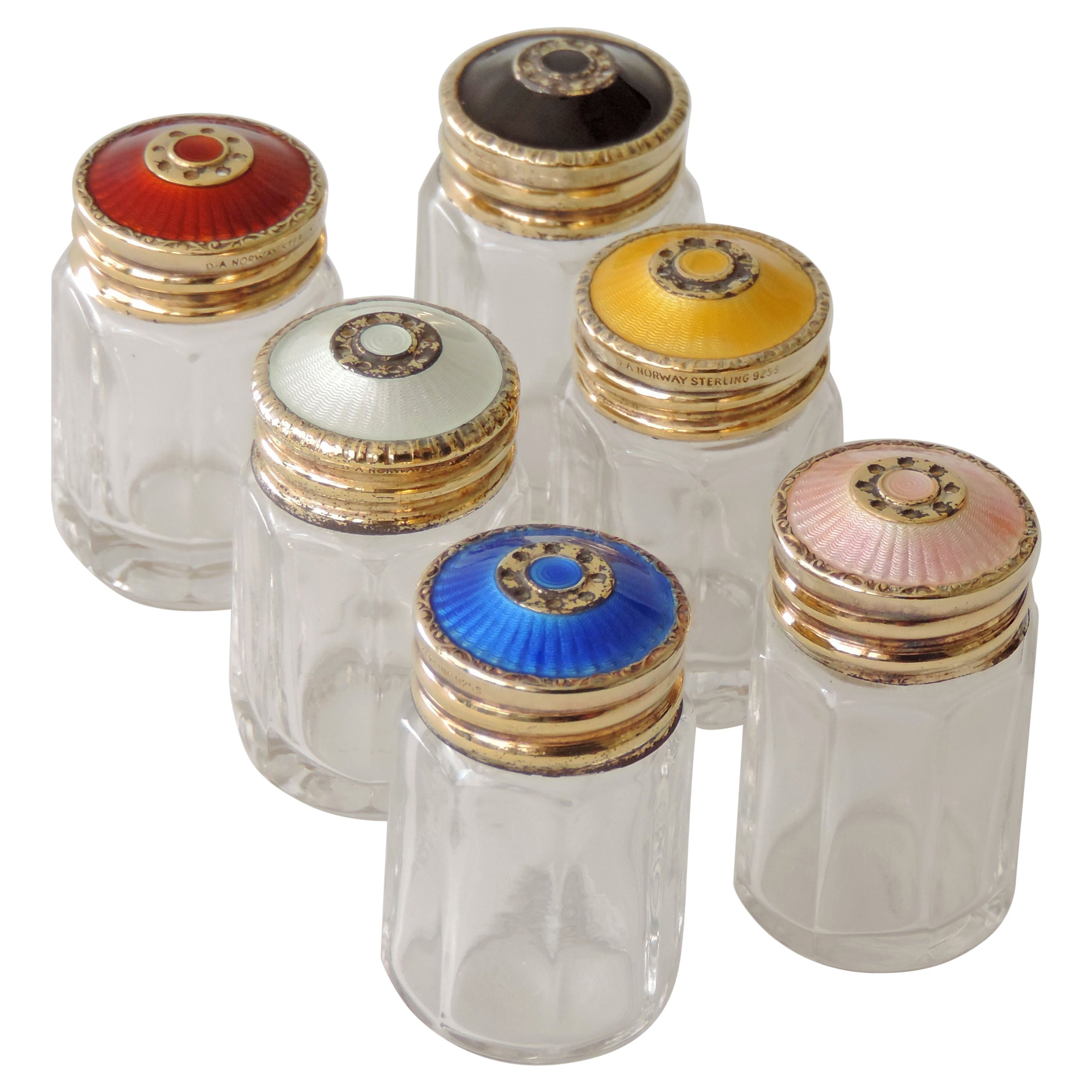 Six Art Deco Multi Colored Norwegian Silver and Enamel Salt Shakers, 1940s For Sale