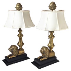 Pair of Cast Brass Lion Motif Table Lamps W/ Scalloped Silk Shades, Acorn Finial