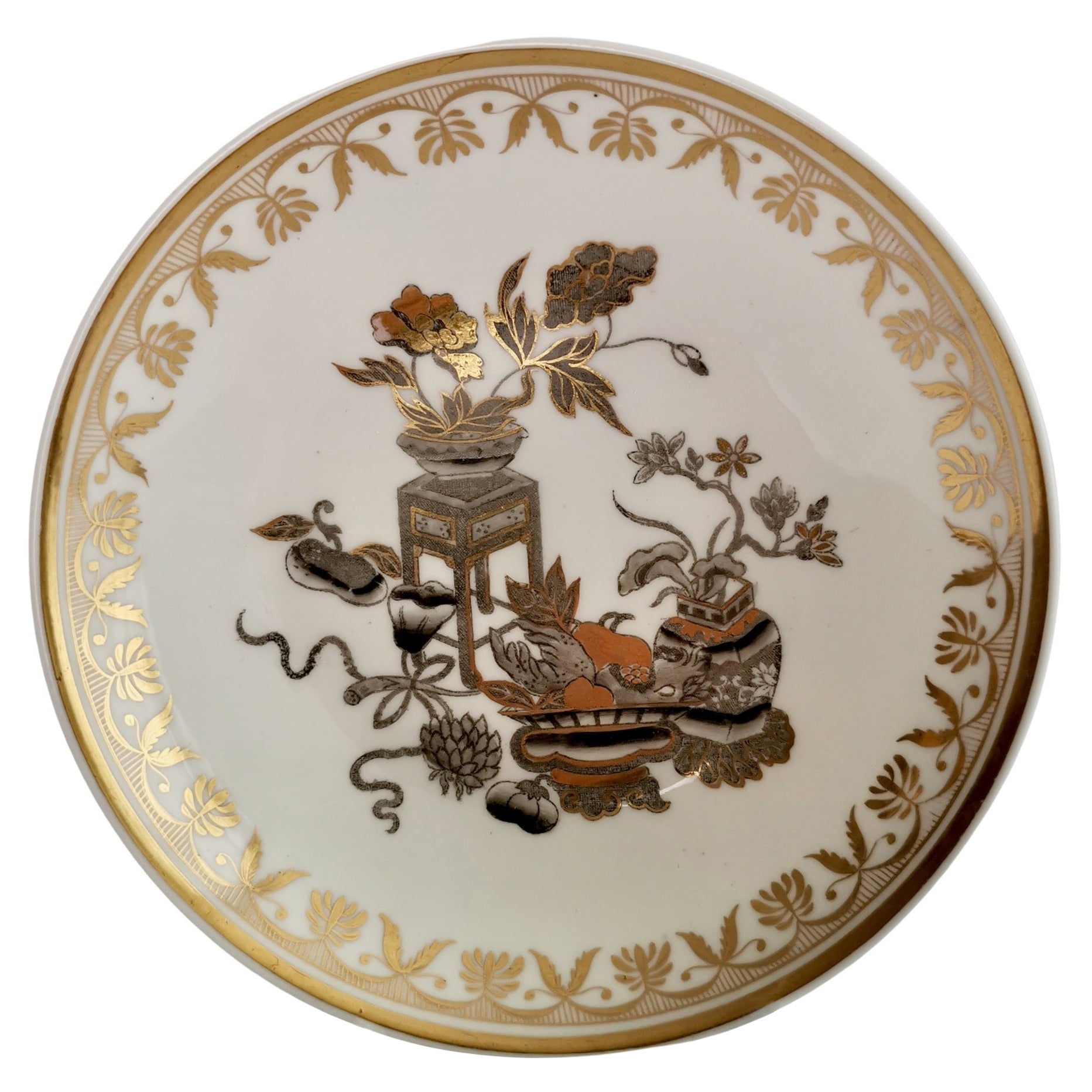 Spode Verwaist Porzellan Untertasse, Chinoiserie vergoldet Topfblumen, Regency ca1820