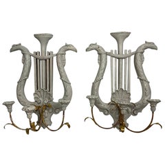 Pair of Gustavian Carved White Lyre Shaped Swedish Sconces 