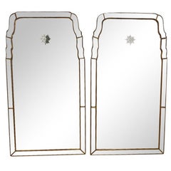 Pair of Tall Maison Jansen Style Bronze Mounted Mirrors with Etched Starbursts