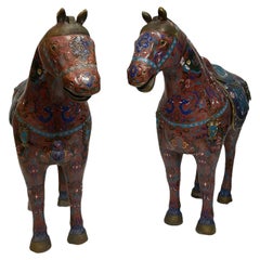 Vintage Pair of Chinese Polychromatic Enamel Cloisonné Brass Horse Sculptures