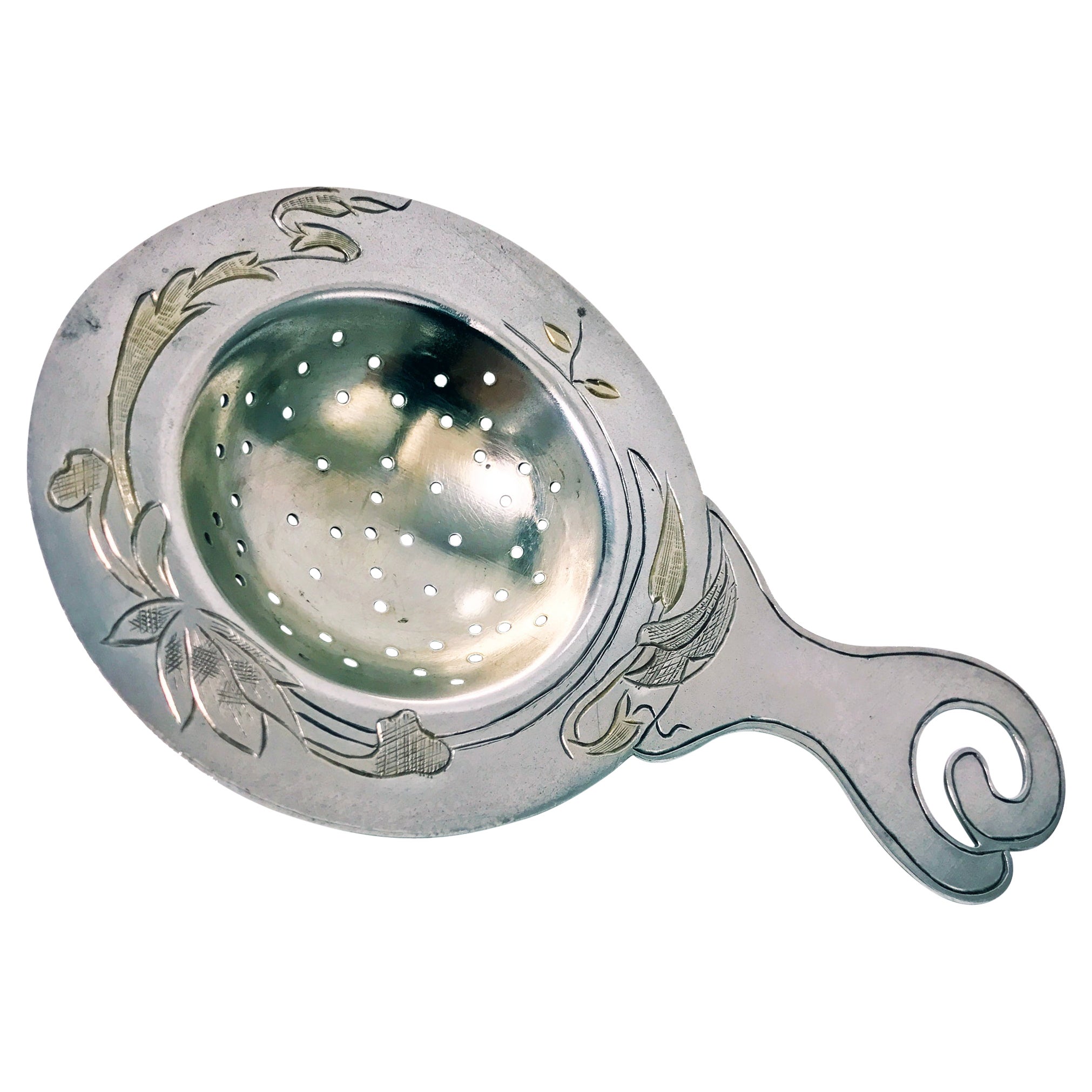 Art Nouveau Aesthetic Sterling Tea Strainer, C.1890 For Sale