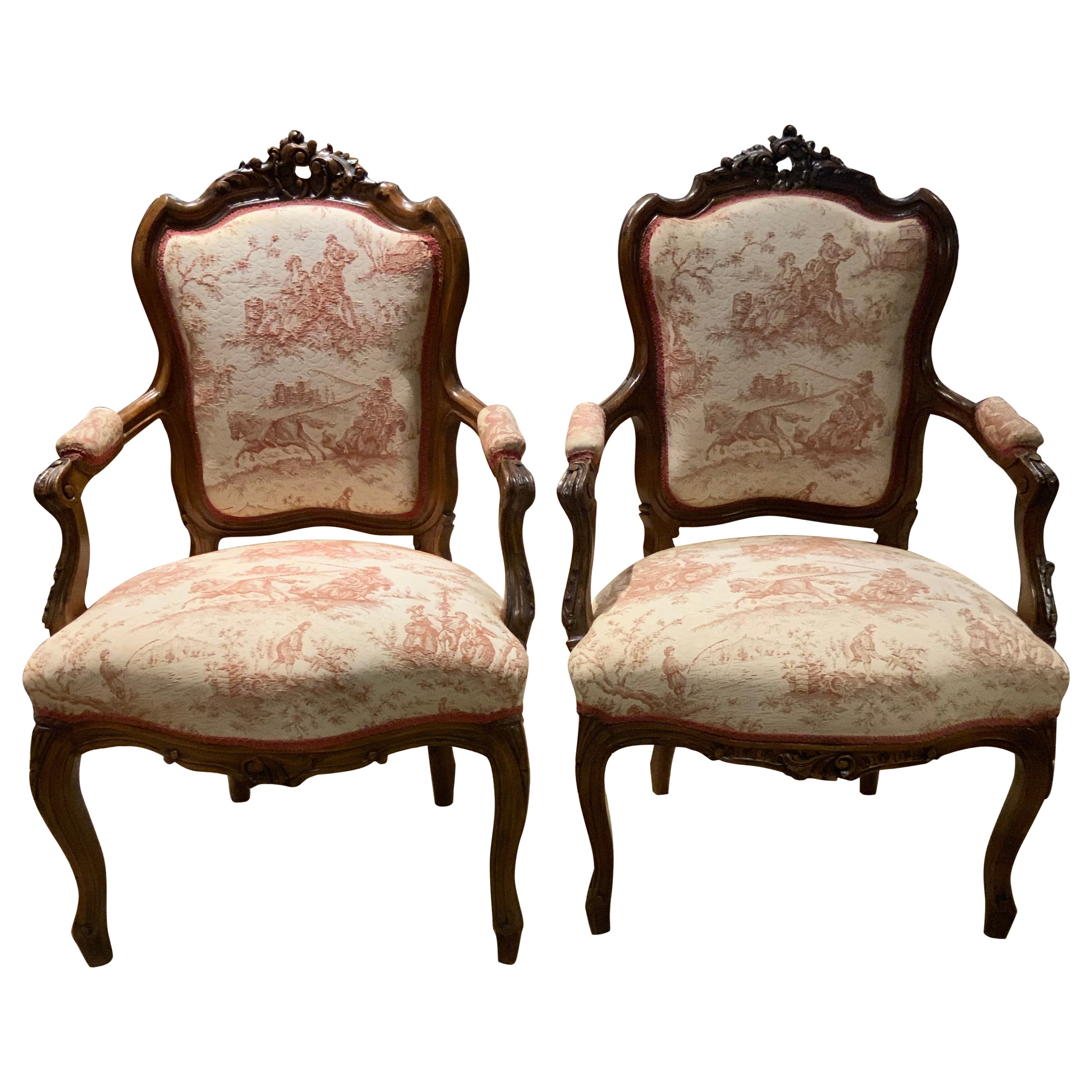 Pair Louis XV-Style Arm Chairs in Walnut with Carved Cartouche Toile Upholstery