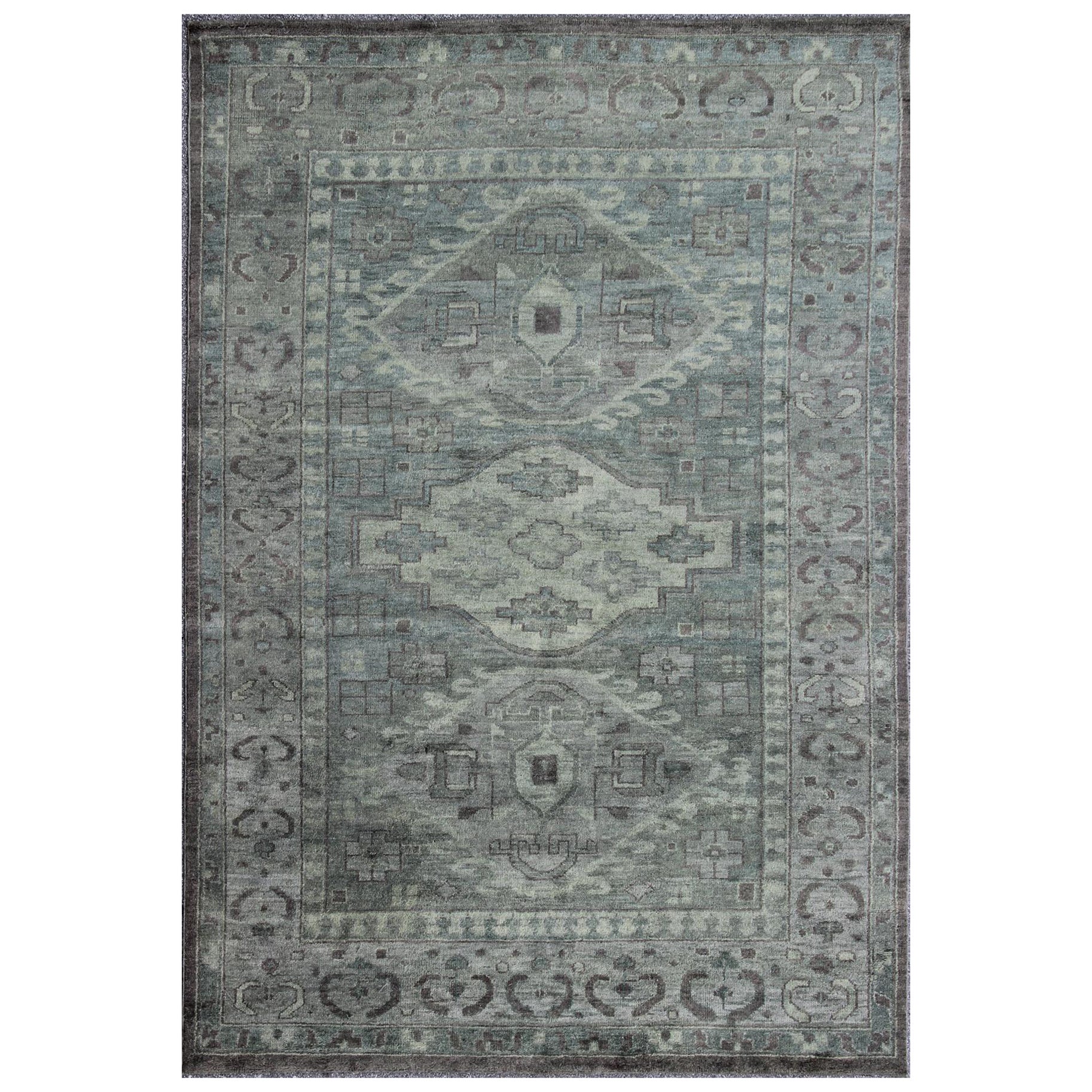 Modern Khotan Rug with Geometric Design in Various Shades of Green and Brown For Sale