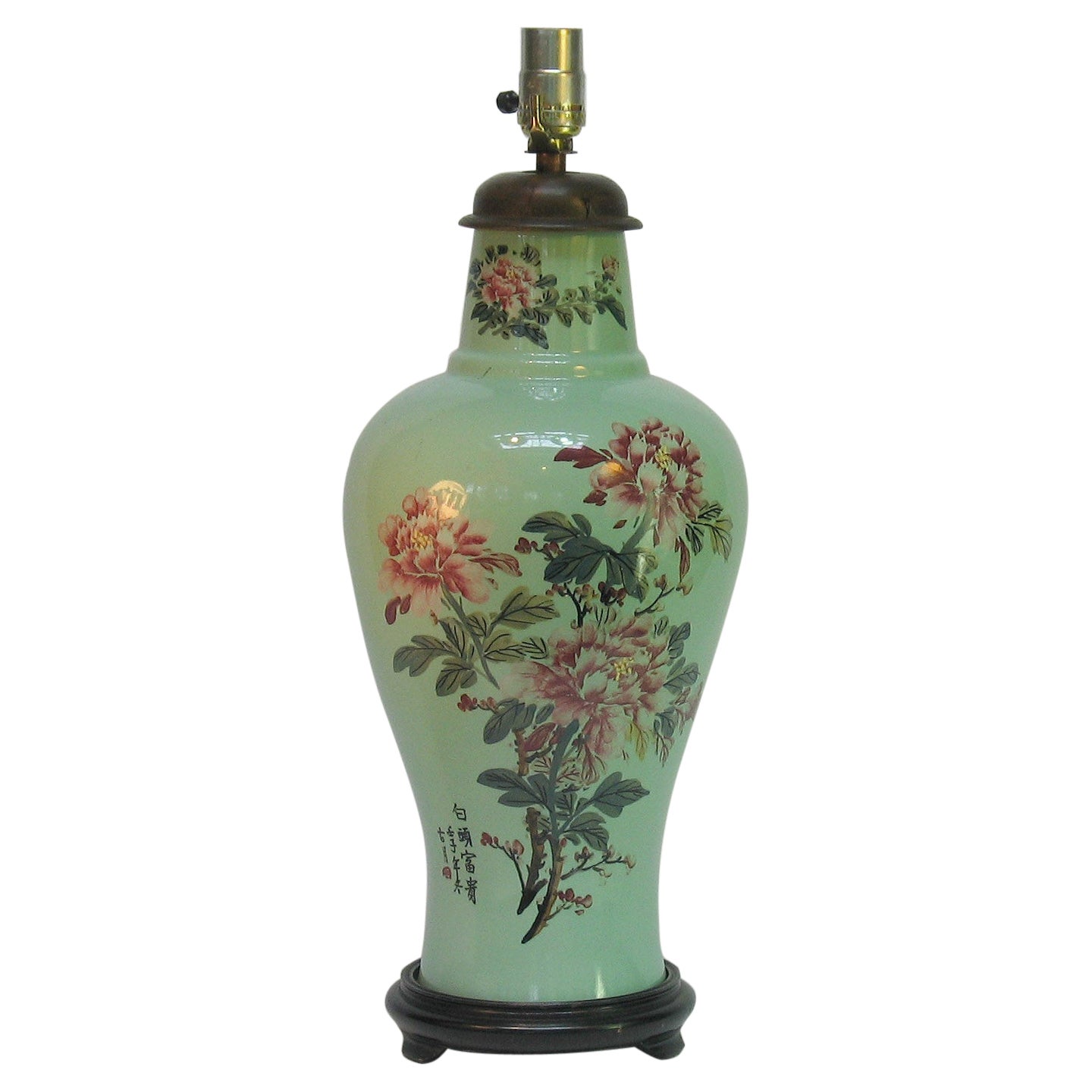Oriental Porcelain Celadon Glazed Painted Vase Mounted as a Lamp 20th Century For Sale