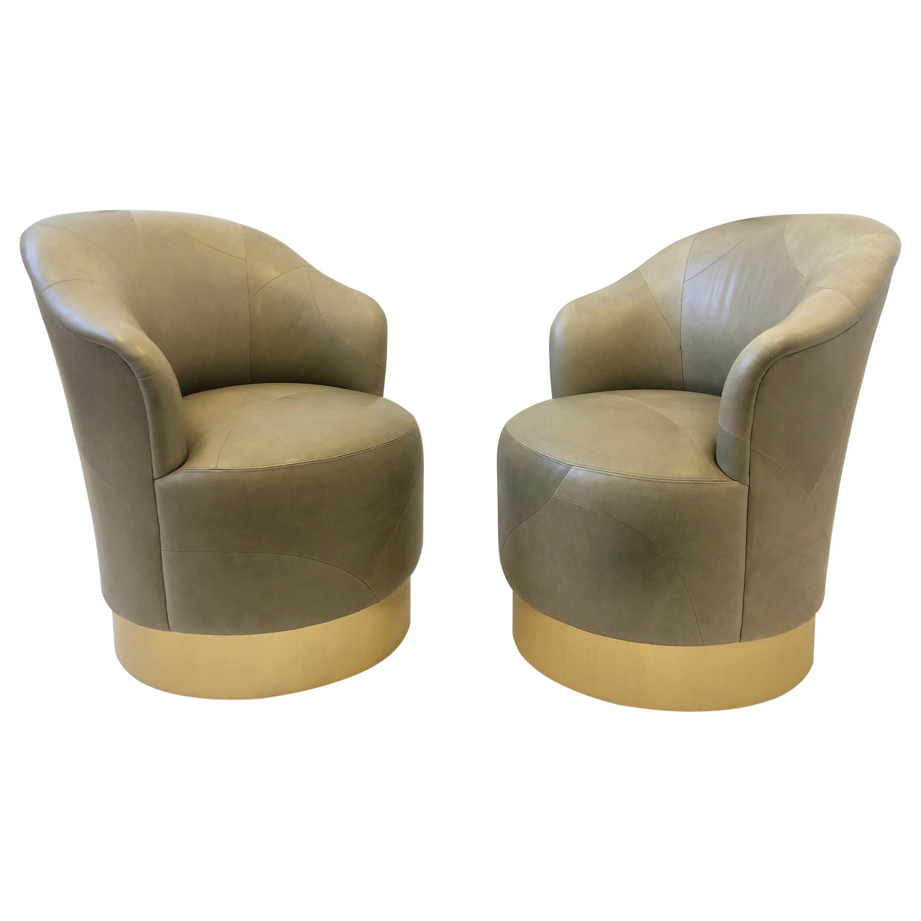 Pair of Brass and Leather Swivel Chairs by J. Robert Scott