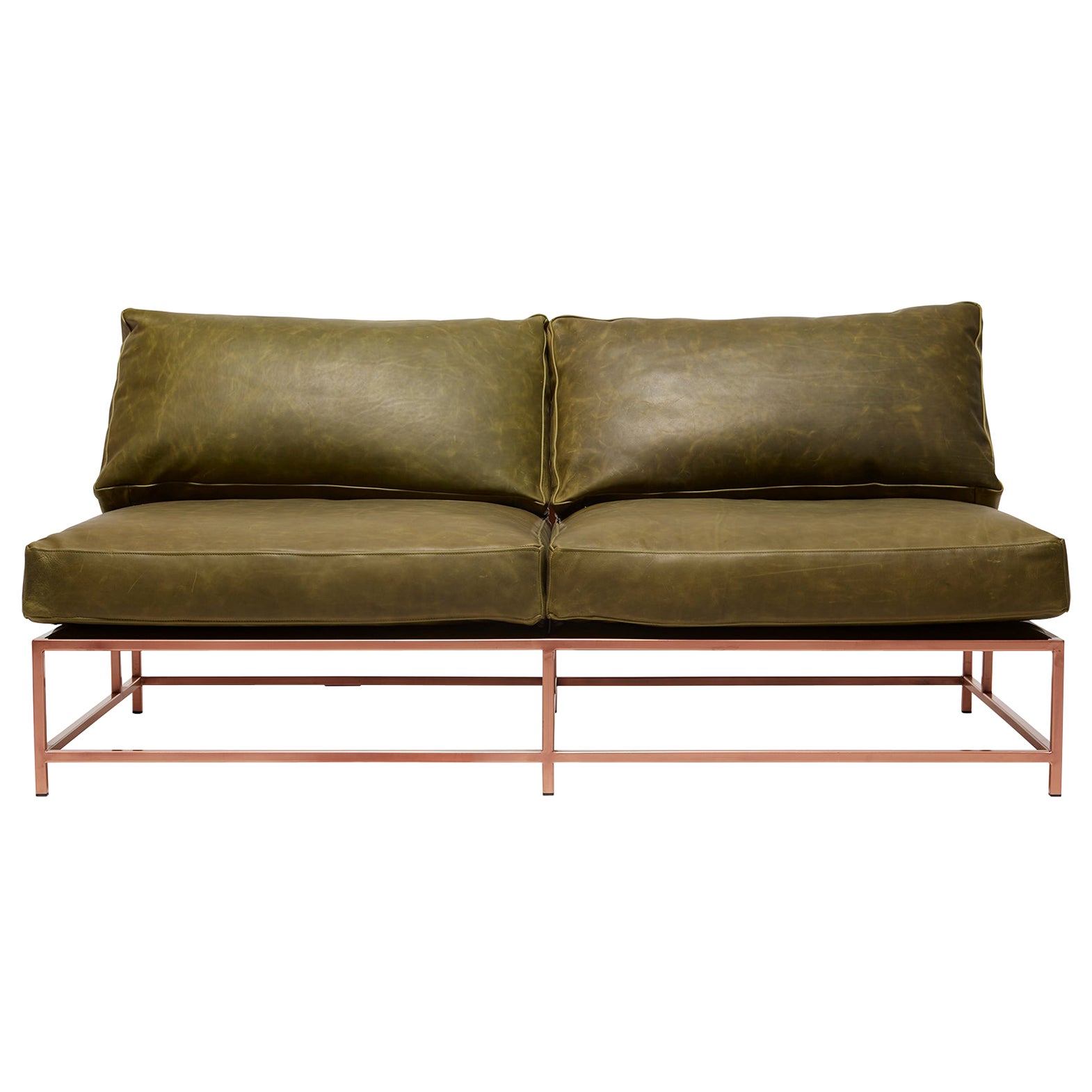 Waxed Moss Green Leather and Antique Copper Loveseat For Sale
