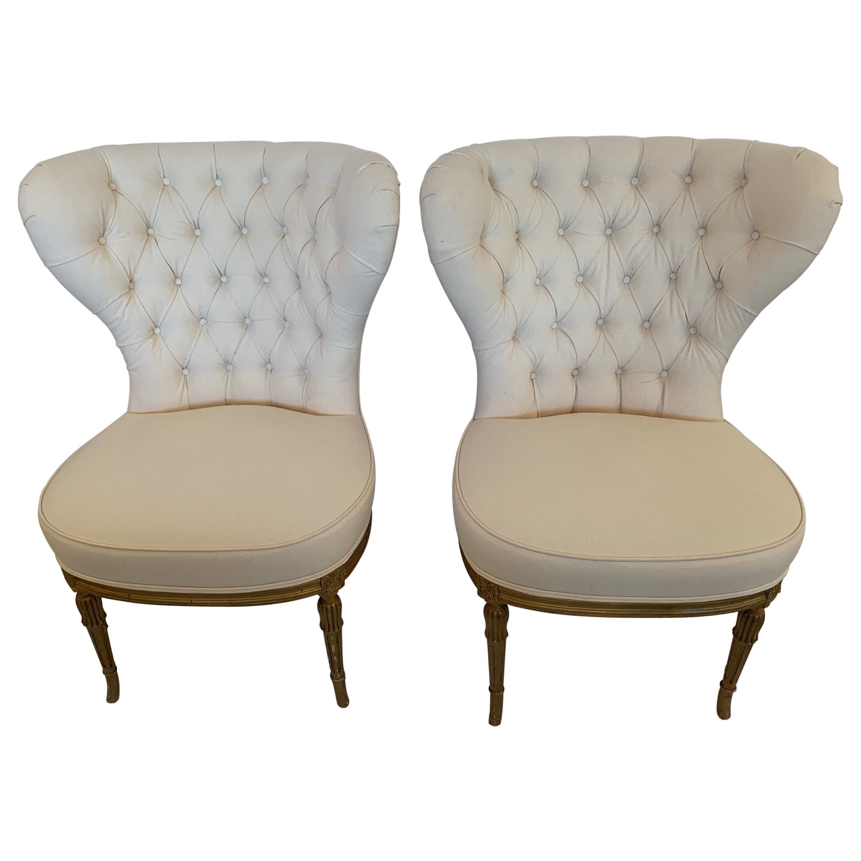 Dramatic 19th Century Newly Upholstered Tufted Fan Back Slipper Chairs For Sale