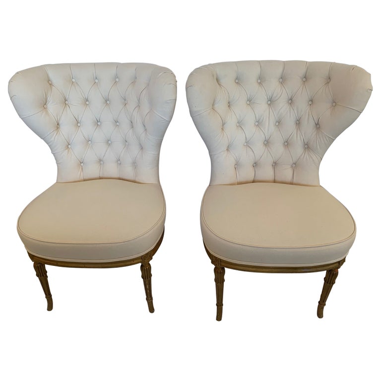 Dramatic 19th Century Newly Upholstered Tufted Fan Back Slipper Chairs For Sale at 1stDibs