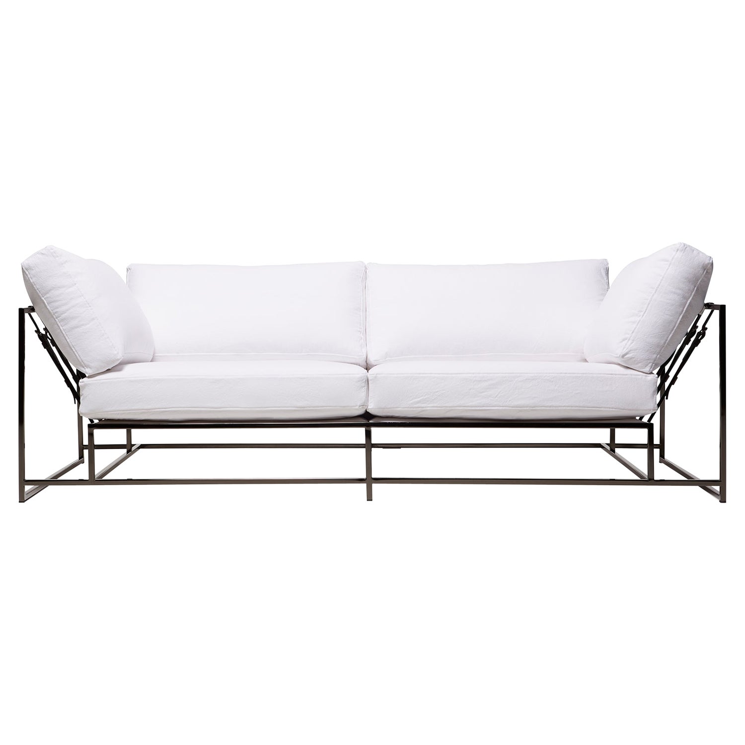White Canvas and Polished Black Nickel Two-Seat Sofa For Sale