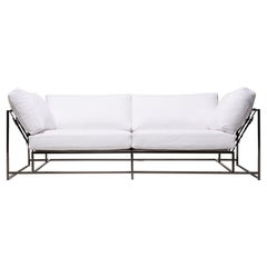 White Canvas and Polished Black Nickel Two-Seat Sofa