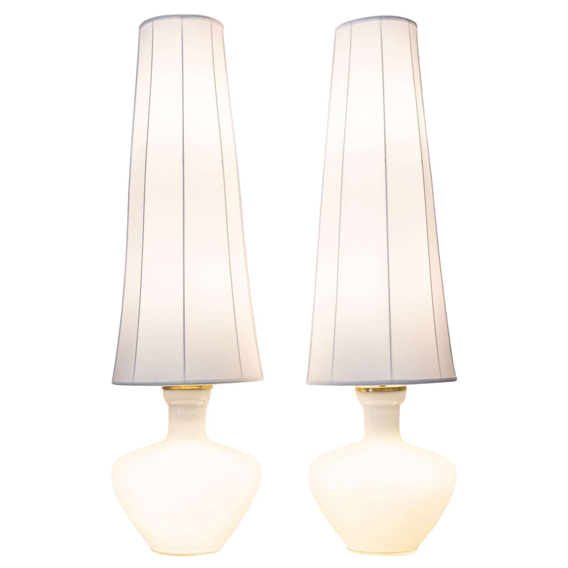 Pair of Tall Cased Glass Lamps with Silk Shades