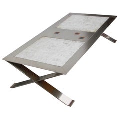 Vintage French Roche Bobois Nickel & Ceramic Tile Coffee Table, 1970s