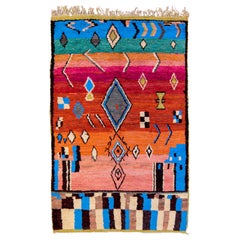 Vintage Azilal Moroccan Handmade Geometric Multicolor Berber Wool Rug