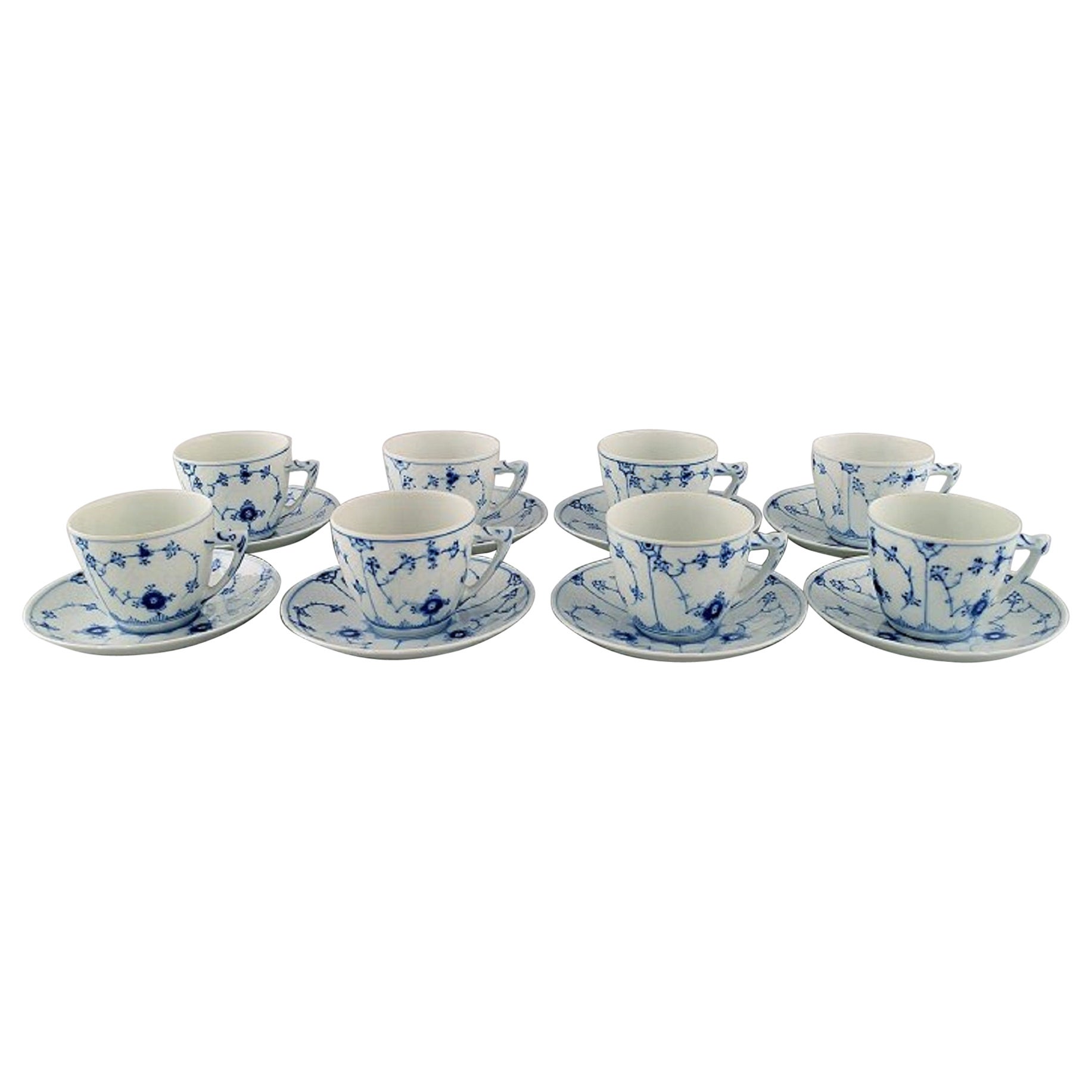 Eight Bing & Grøndahl Blue Fluted Coffee Cups with Saucers For Sale