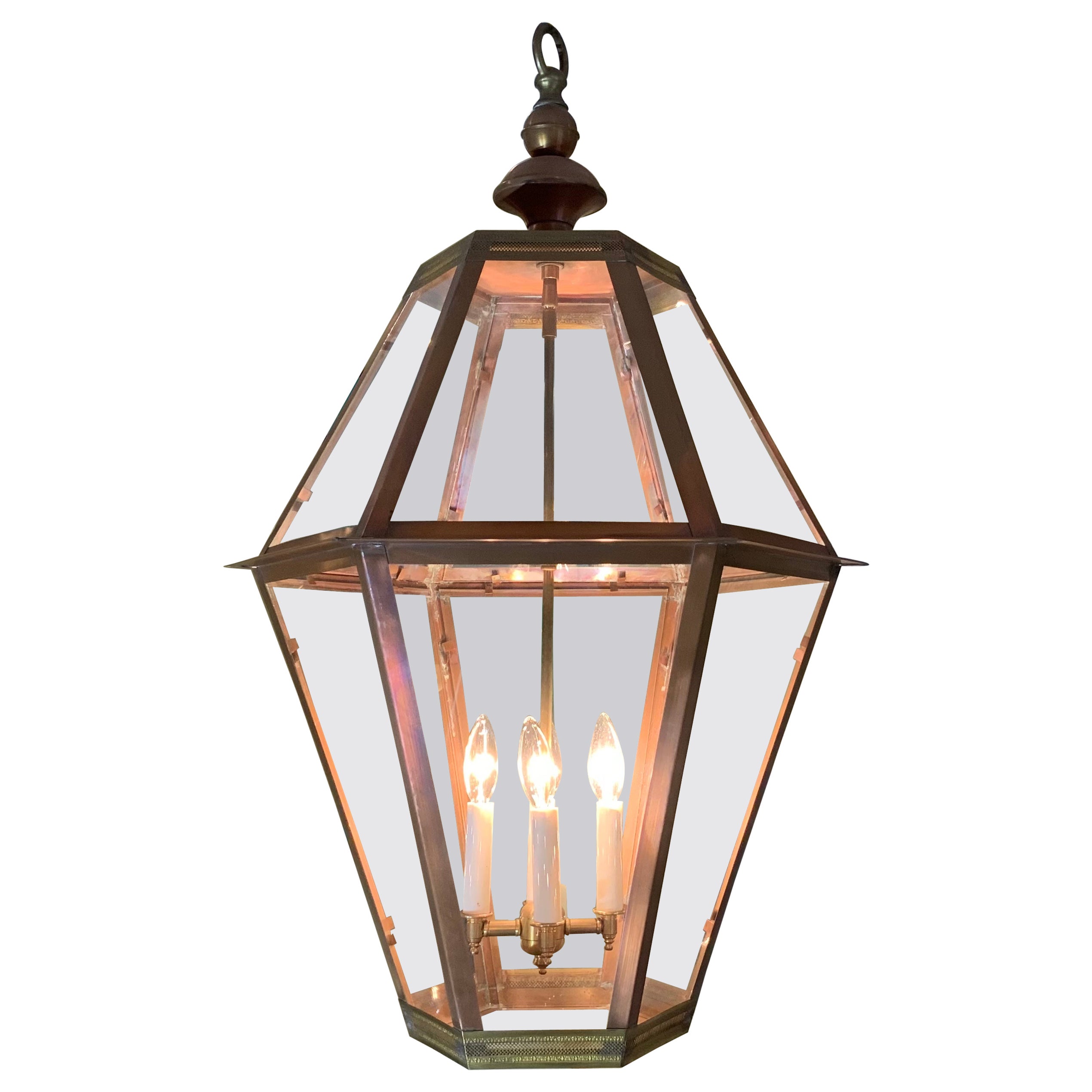 Large Handcrafted Six Sides Solid Copper and Brass Hanging Lantern