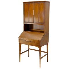 Tall Walnut Mid-Century Modern Drop Front Secretary Desk Bookcase