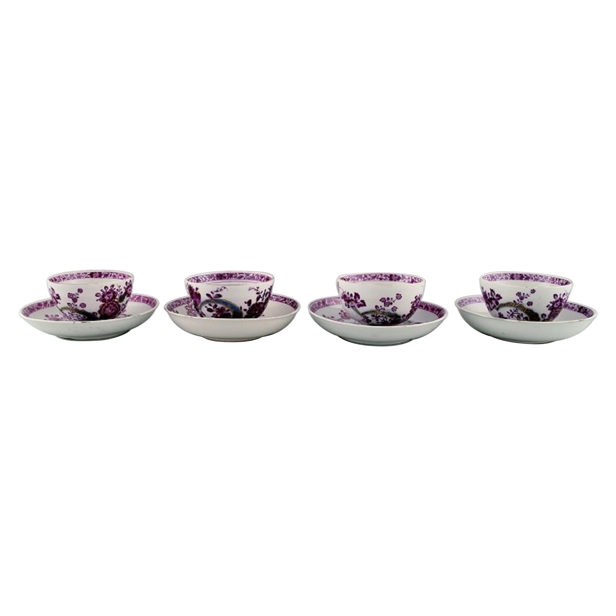 Four Antique Meissen Teacups with Saucers in Hand-Painted Porcelain