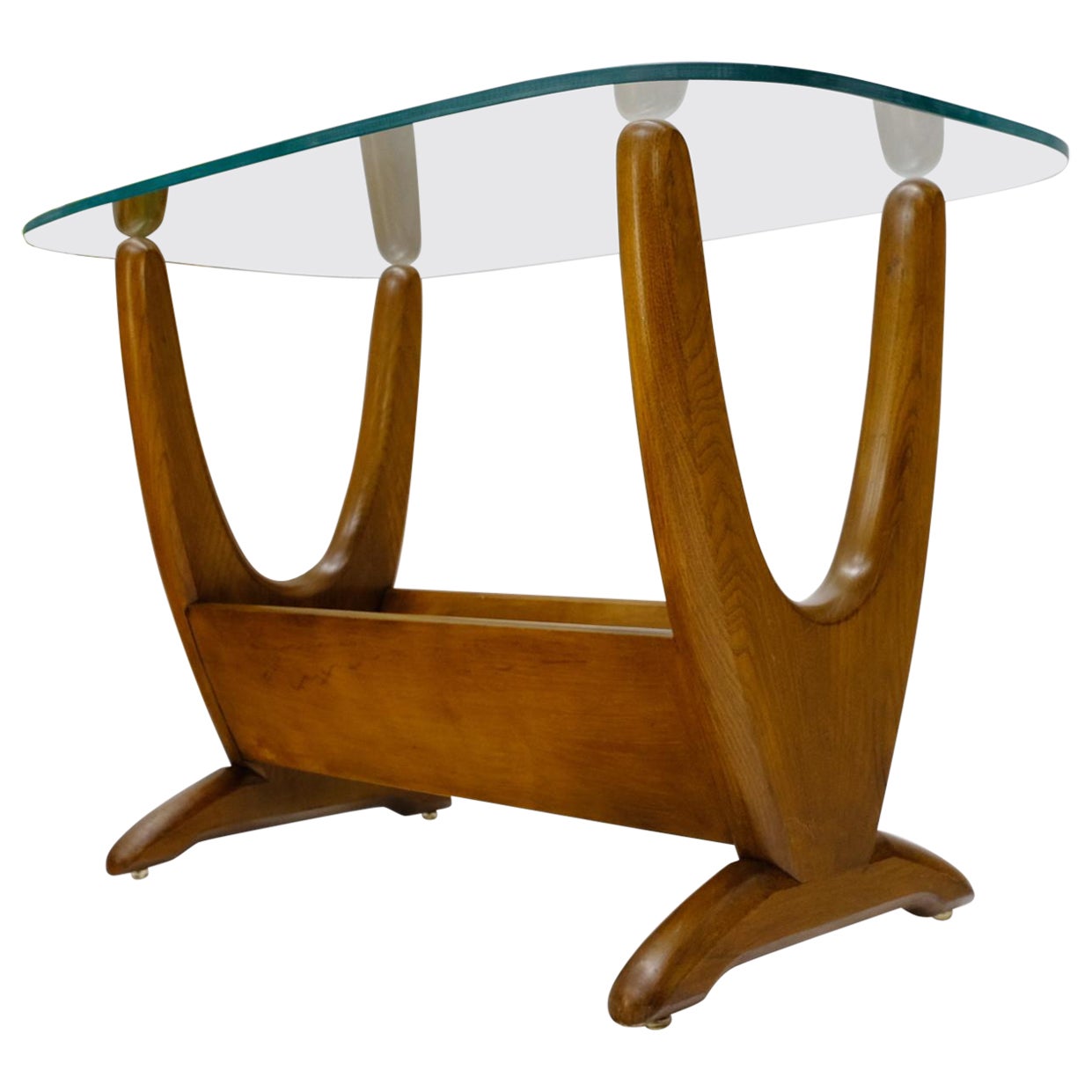 Table d'appoint sculpturale moderne du milieu du siècle dernier en bois et verre avec plateau supérieur