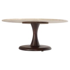 Mid-Century Modern Turned Solid Walnut Base Marble Top Round Coffee Table