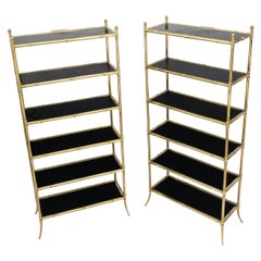 Pair of Custom Heavy Gage Brass & Smoked Glass Faux Bamboo Etageres Shelves