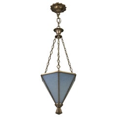 French Art Deco White Frosted Glass and Brass Pendant Light, 1930s