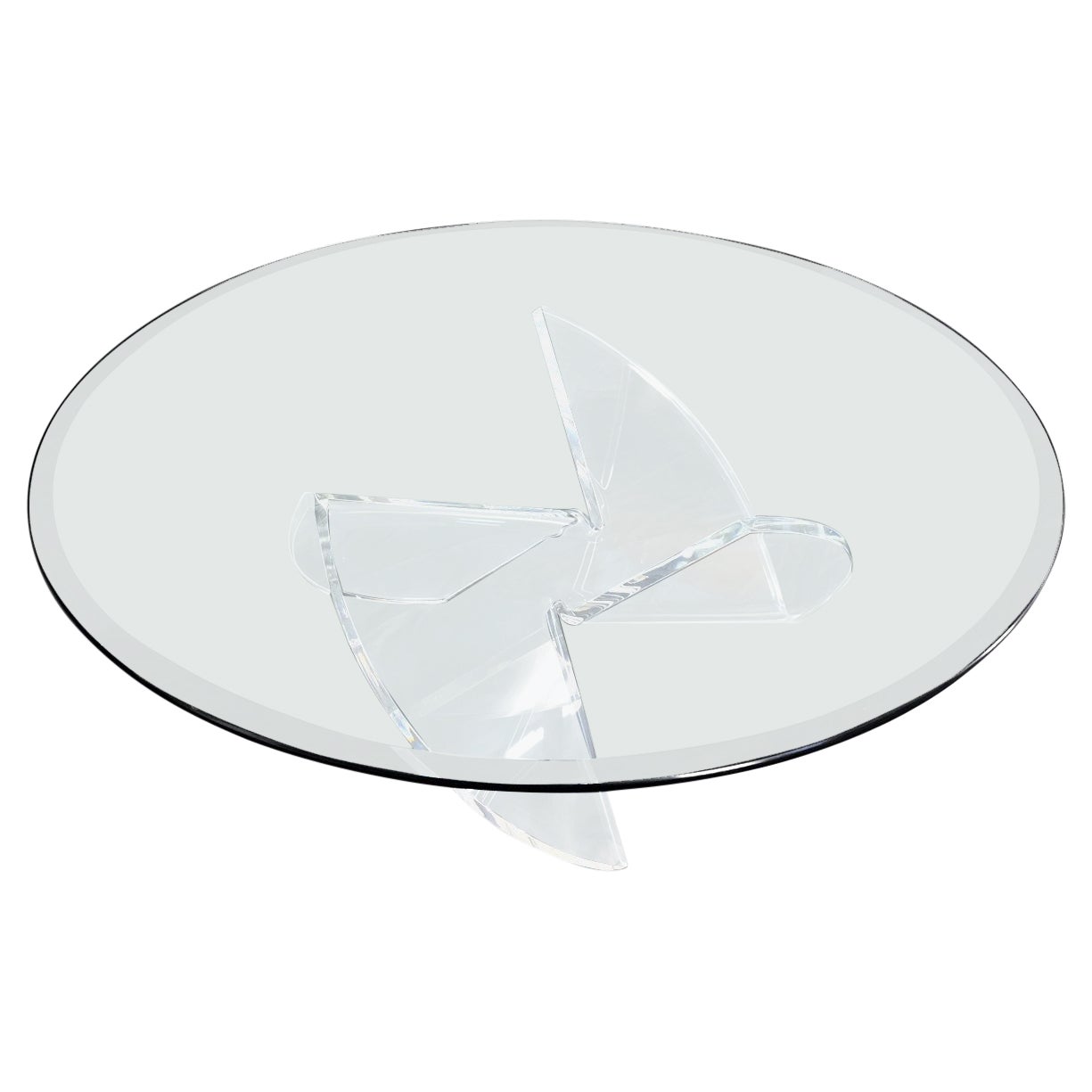 Table basse ronde en forme de hélice en lucite pliée et épaisse en forme de hélice avec plateau en verre