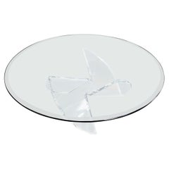 Heavy Thick Bent Lucite Propeller Shape Round Glass Top Coffee Table