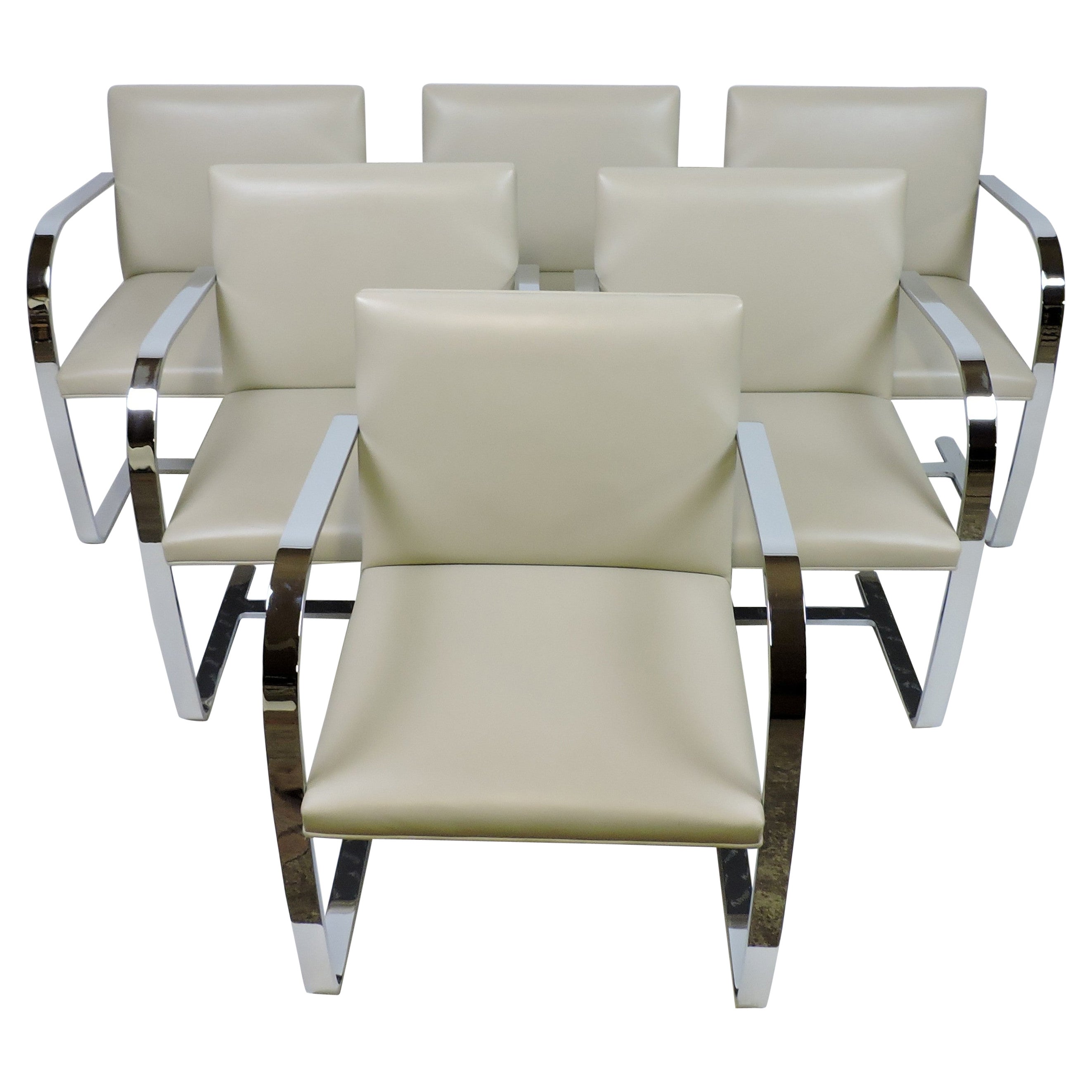 Set of Six Mies van der Rohe for Knoll Brno Flat Bar Chrome and Leather Chairs 