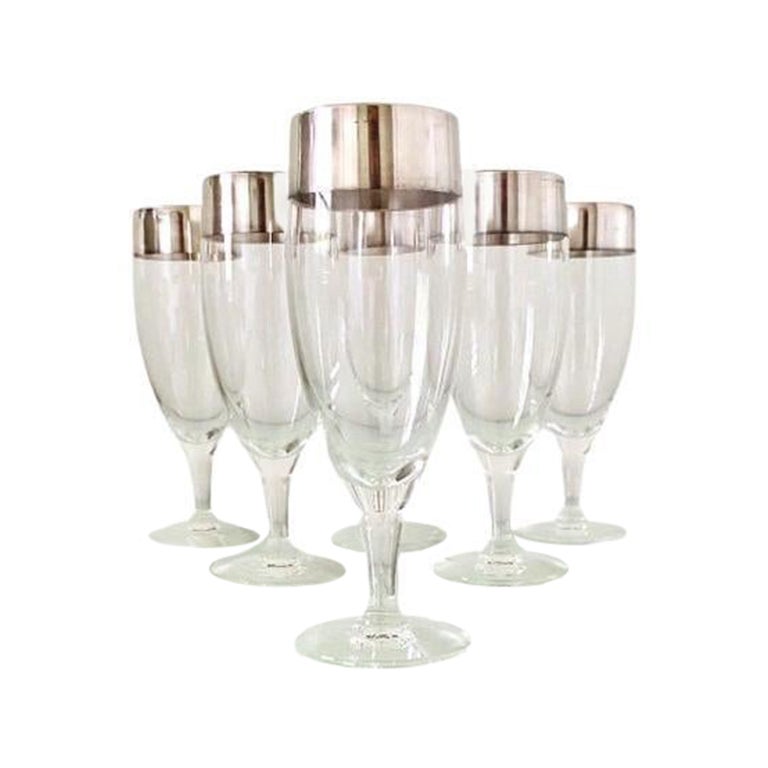 Set/Six Champagne Flutes with Sterling Silver Overlay by Dorothy Thorpe, c. 1950