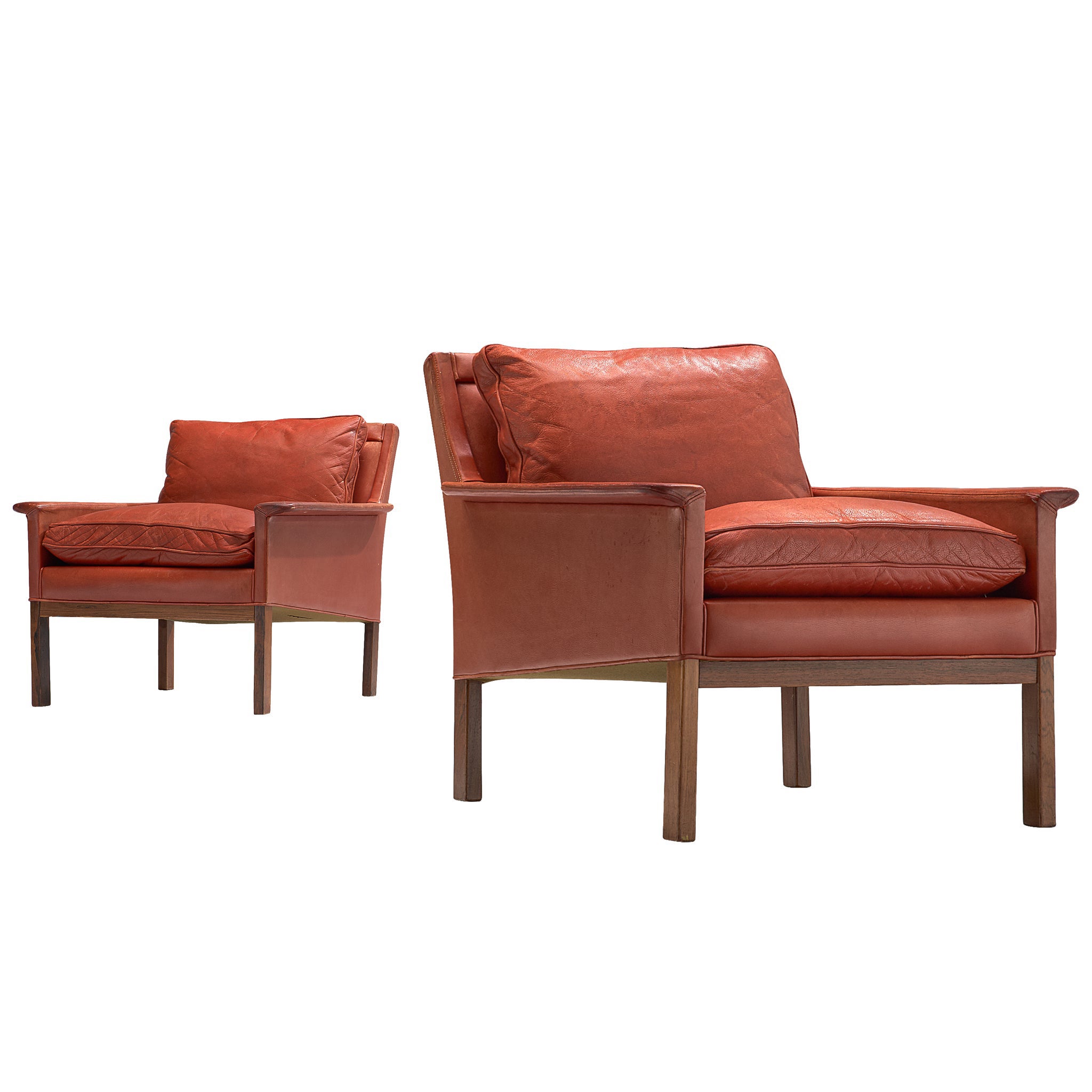 Pair of Danish Lounge Chairs in Red Leather