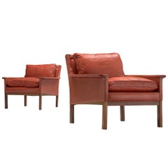 Vintage Pair of Danish Lounge Chairs in Red Leather
