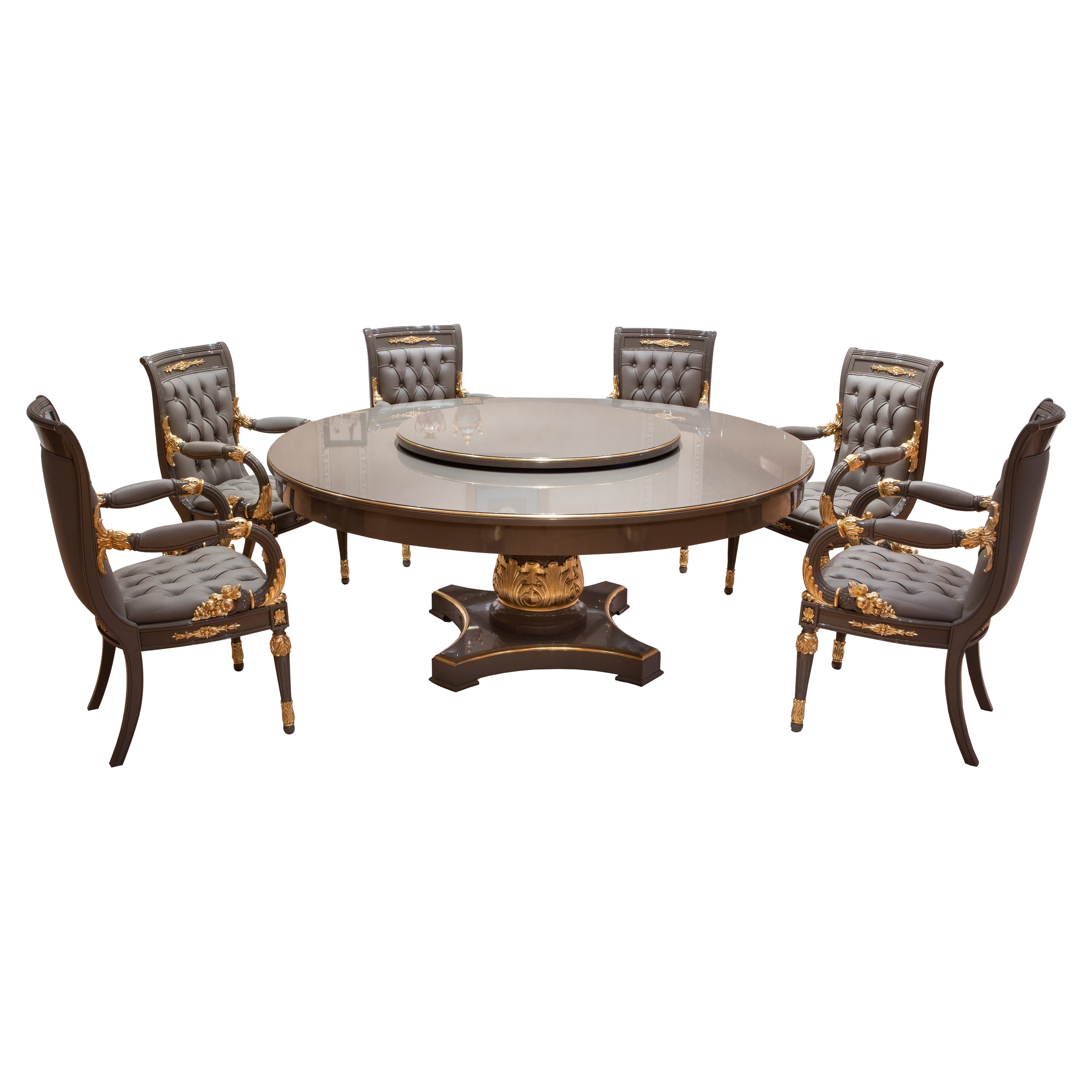 Gray and Gold Dining Set, Table with Lazy Susan and Six Carved Armchair For Sale